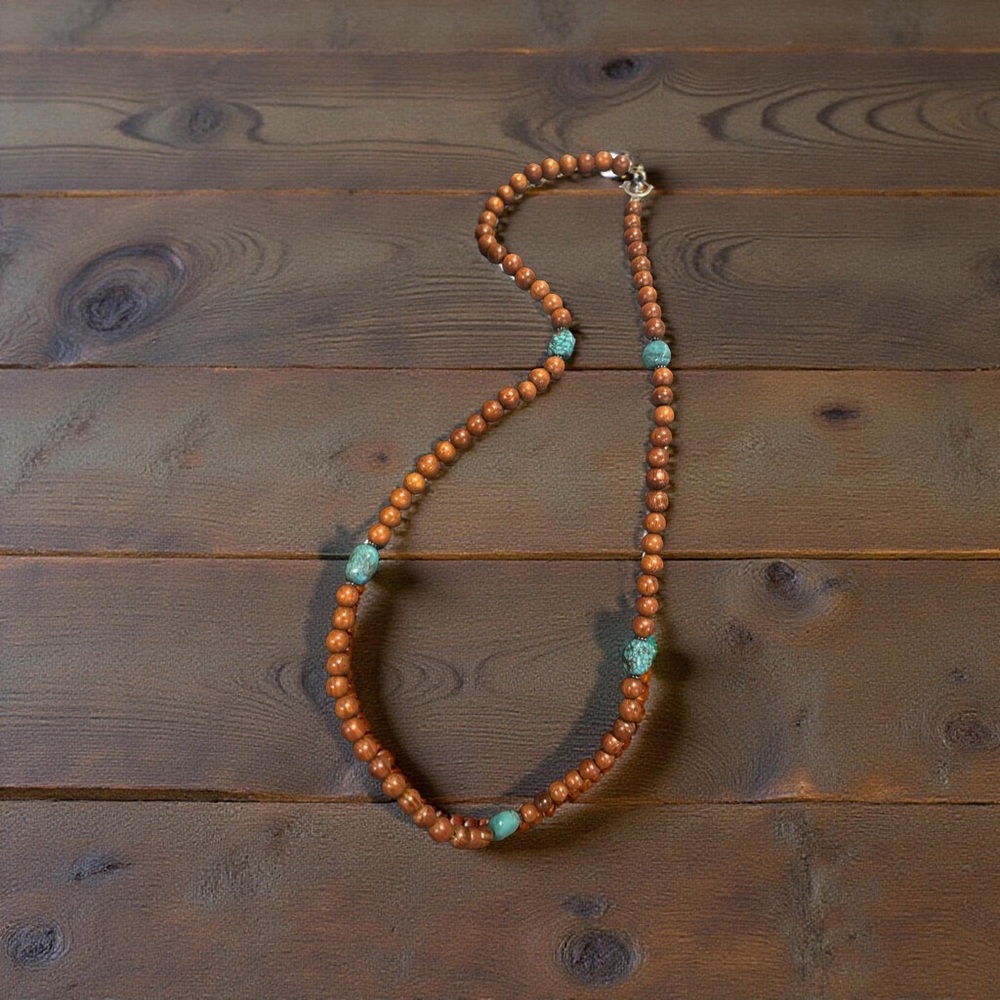 Elegant long  Silpada Wooden Bead Necklace with Turquoise and silver Accents